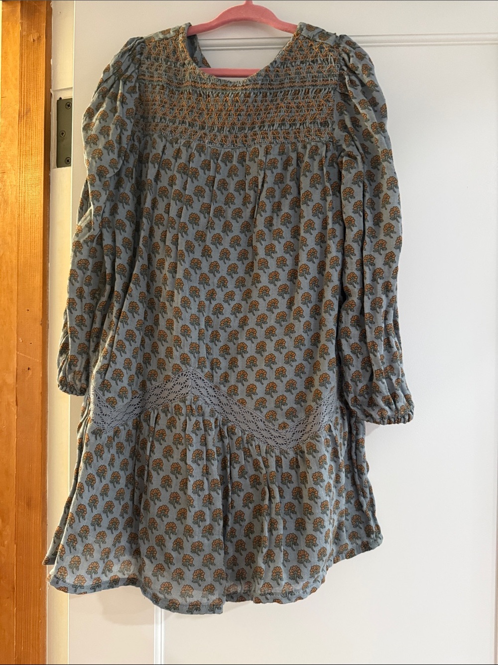 Zara Blue Floral Smocked Casual Dress with Mustard Accents